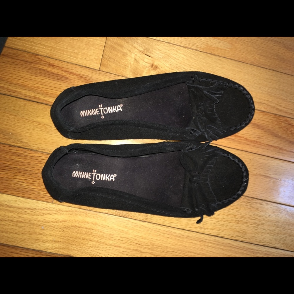 Black Minnetonka Moccasins with Fringe Detailing
